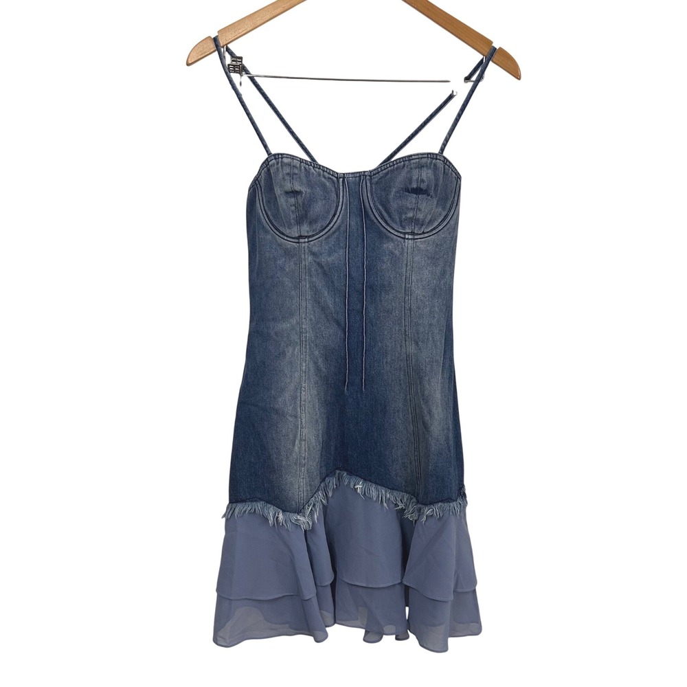 NWT Storia Women's S Denim Bustier Mini Dress Blue Ruffle Hem Med Wash KY Derby